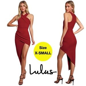 LULUS 🌹”Guess Again” Burgundy Asymmetrical Midi Dress🍷 (Size X-Small)